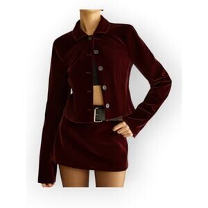 Commense Velvet Cropped Blazer Burgundy Button Front Jacket Modern Chic Evening
